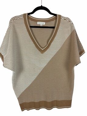Rio & Rian Striped Knit Top Neutral Colorblock V Neck Short Sleeve Sweater XL
